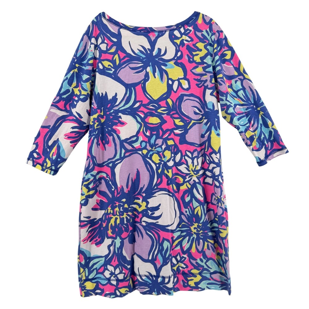 Lilly Pulitzer Palmetto V-Neck Dress XL Catwalkin Pink Blue Floral Pima Cotton - Picture 3 of 7